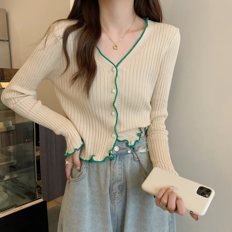 

Japanese Harajuku Women Cardigan Sweet Ear Edge Design V Neck Long Sleeve Knitted Slim Thin Autumn Casual Outerwear Sweater