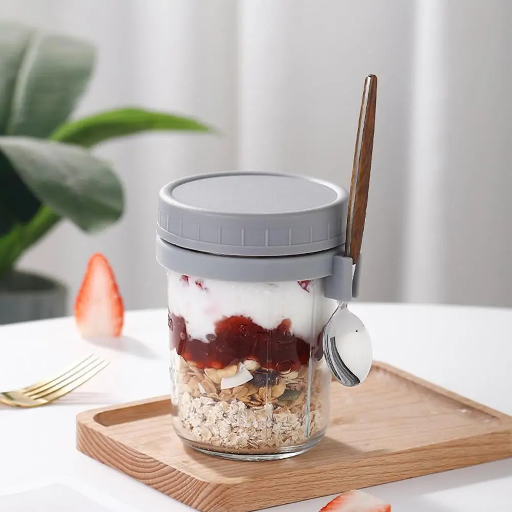 2Pcs Portable Oatmeal Breakfast Cups with Spoon Transparent Clear Scale Glass Airtight Oatmeal Jar Large Diameter Cereal Bowls