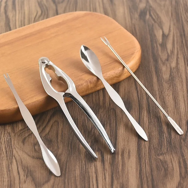 

4pc Crab Tool Set: Pliers, Fork, Spoon, Cracker. Easily open hard shells. Perfect for home & restaurant use.