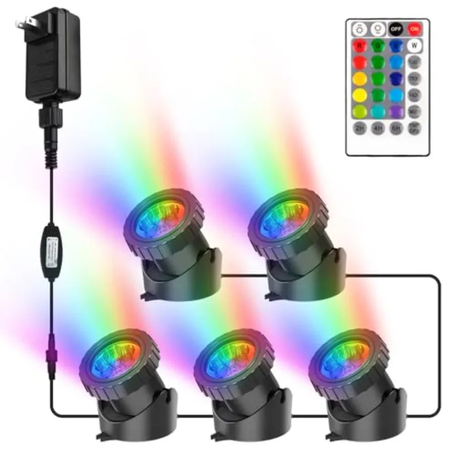 

RGB Pond Lights with Timer, Super Bright LED Underwater Submersible Colorful Landscape Spotlights, Remote Control IP68 Waterpro