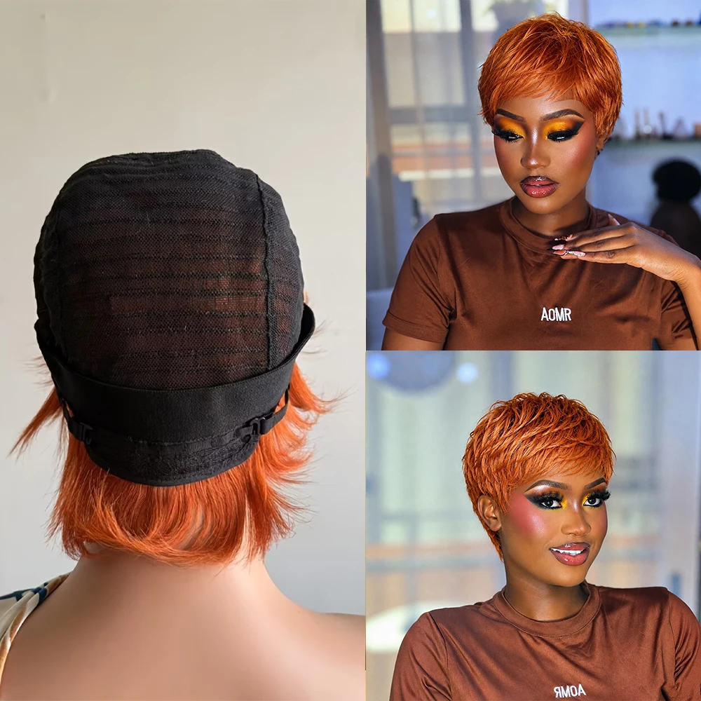 Women's Ginger Short Pixie Cut Human Hair Wig with Bangs