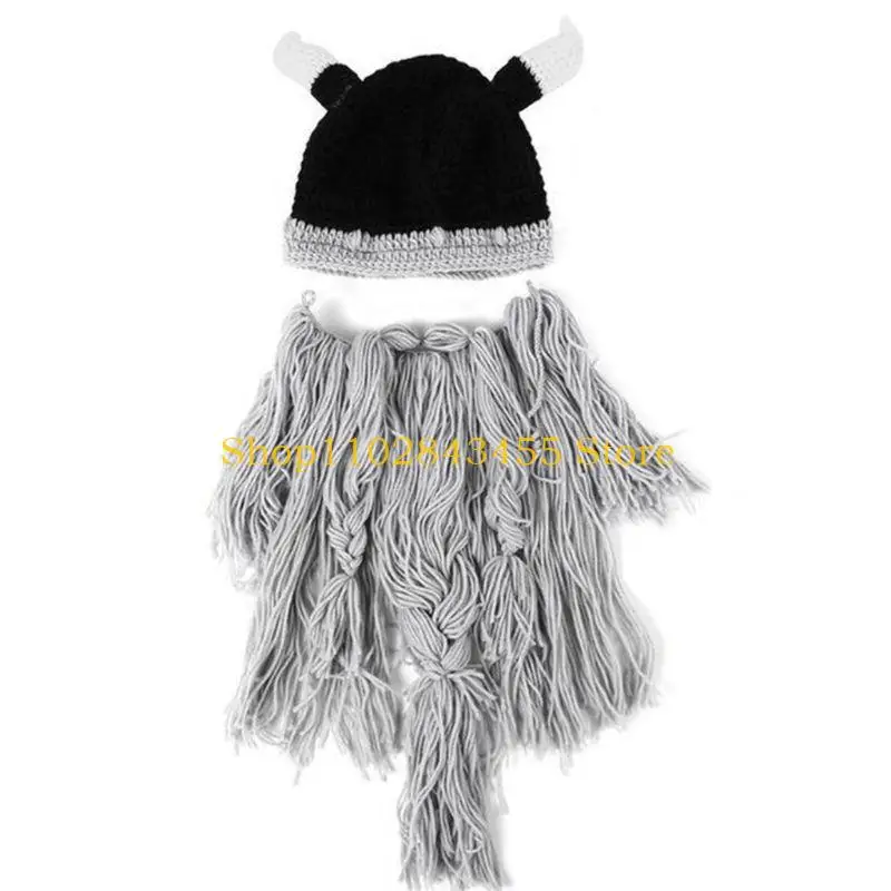 

49MC Funny Viking Beard Knit Beanie Hat Winter Warm Mask Cap for Creative Pirate Horn