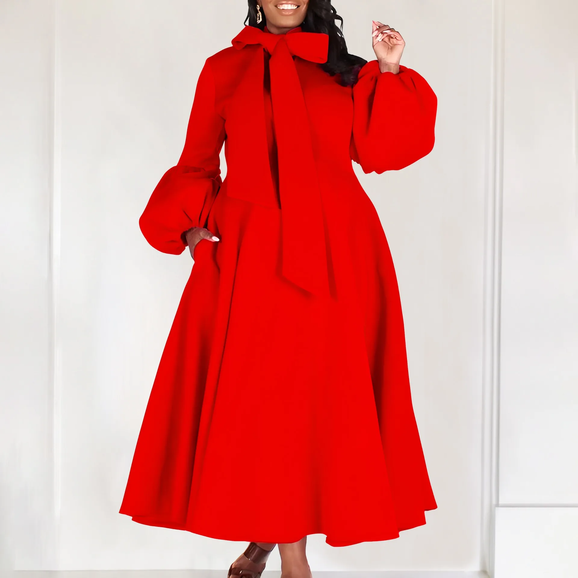 High Waist Puff Sleeve Gown Elegant Midi Length with Wrap Tie Zipper Closure Half Open Collar Pull on Style for Women Autumn