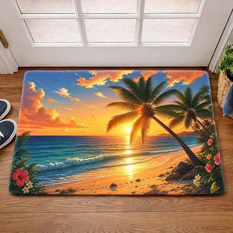 Vintage Green Ocean Wave Entrance Doormat Floral Branch Anti Skid Rug Minimal East Entryway Floor Mat