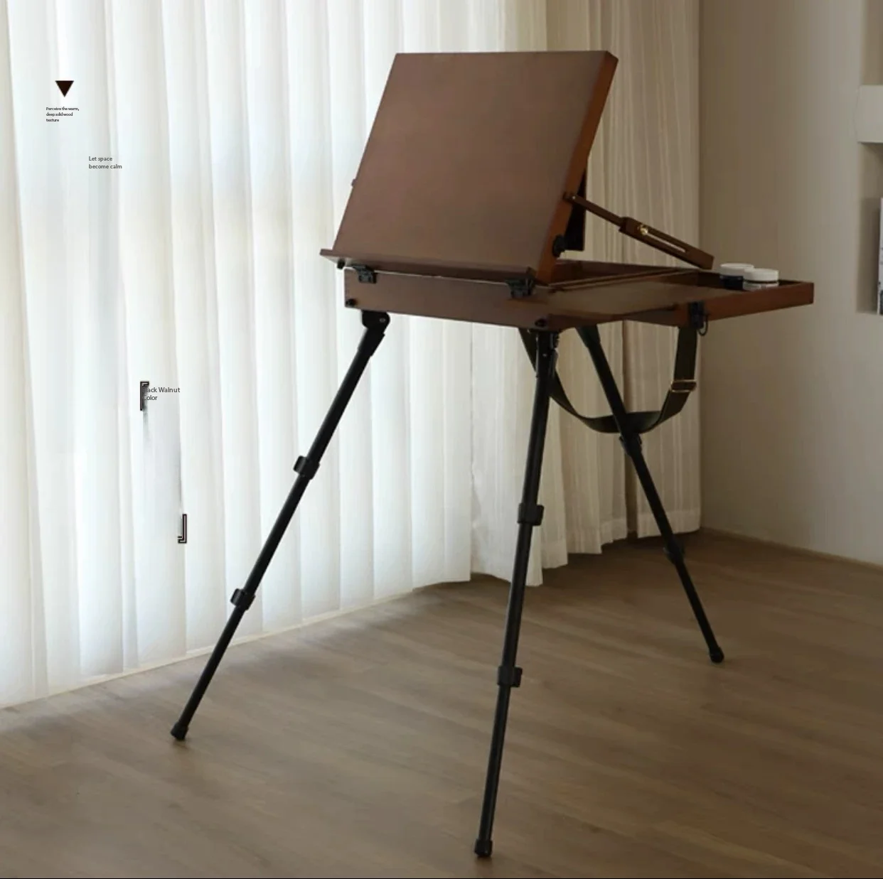 Watercolor Painting Box with Light Luxury Walnut Finish, Italian Minimalist Outdoor Portable Sketching Easel