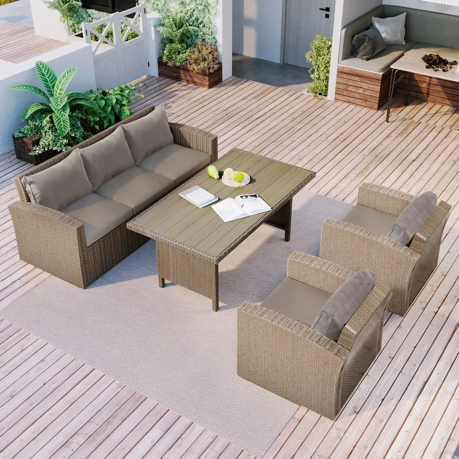 Outdoor Patio Wicker Sofa Set 4-Piece Conversation Furniture With Cushions, Customized