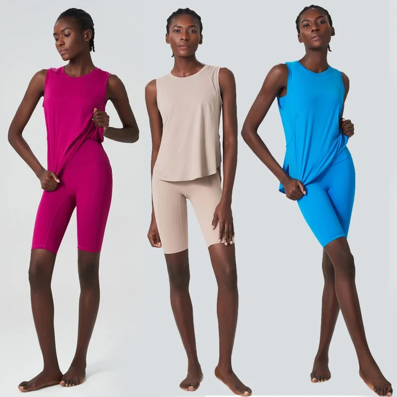 

Women Summer Gym Suit Solid Color Soft Fabric Two Pieces Yoga Set Female Breathable Quick Dry Workout Running Sportswear