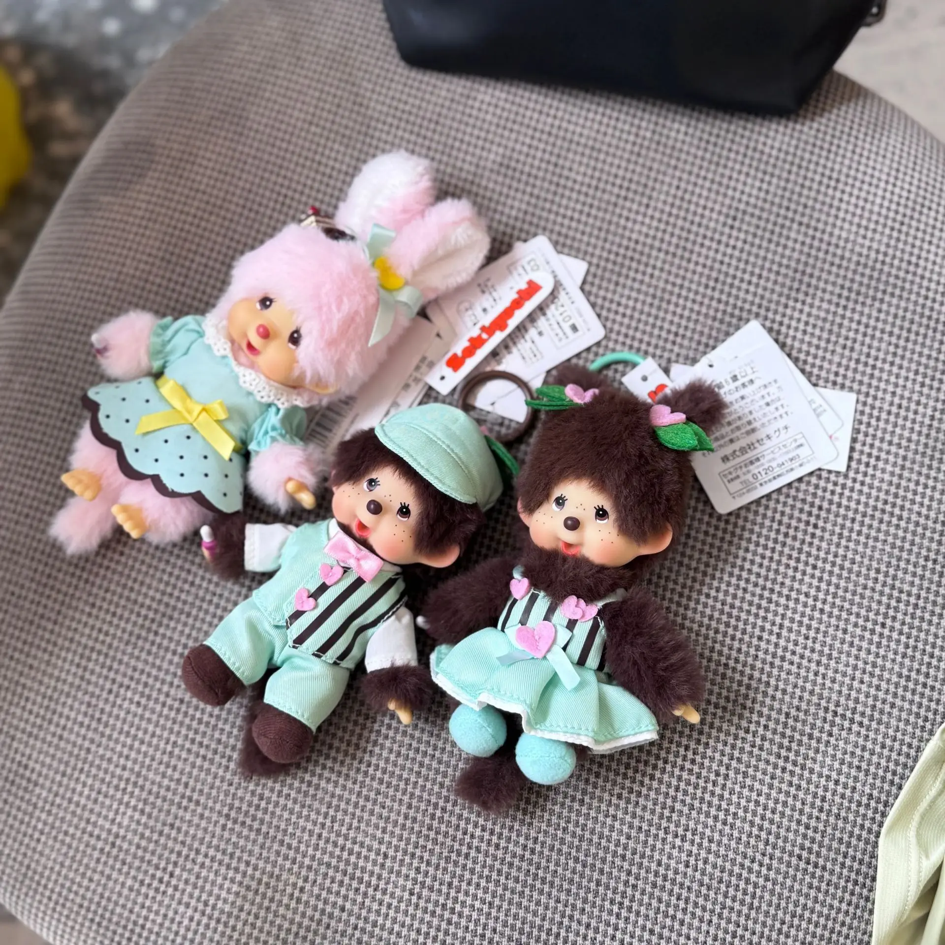 15cm New Cartoon Monchichi Keychain Plush bag charm Doll Pendant Spring Mint Skirt Trendy Play Doll Car Decoration Pendant Gift
