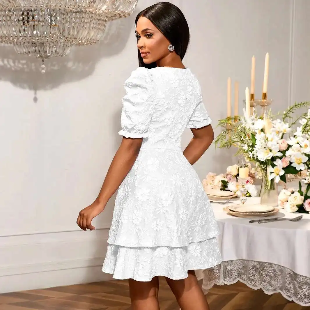 Nowa Elegancka Sukienka z Dekoltem w Serek, Podkreślająca Talia, na Wesele, z Bufiastymi Rękawami, Pełna Gracji Sukienka Druhny, Letnia Sukienka 2025, Szata, Vestido Damskie