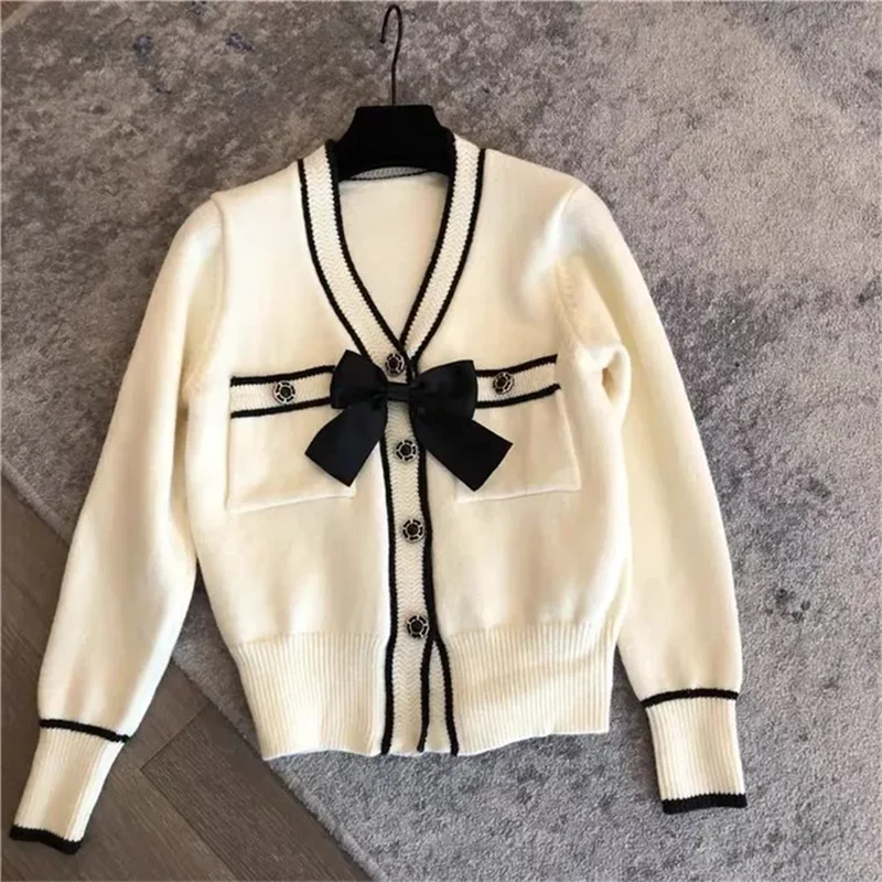 Autumn Winter V-Neck Cardigan Sweater Women2024 New Fashion Loose Casual Knitwear Bowknot Pure Colour button Outerwear Female