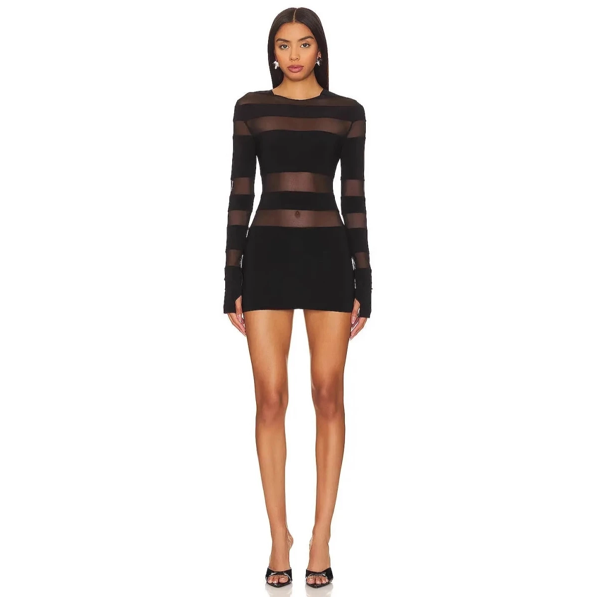 Vestido de manga larga elástico y ajustado de moda para mujer, con tiras de red transparentes, cintura media, pantalones de nueve puntos, vestido de alta elasticidad