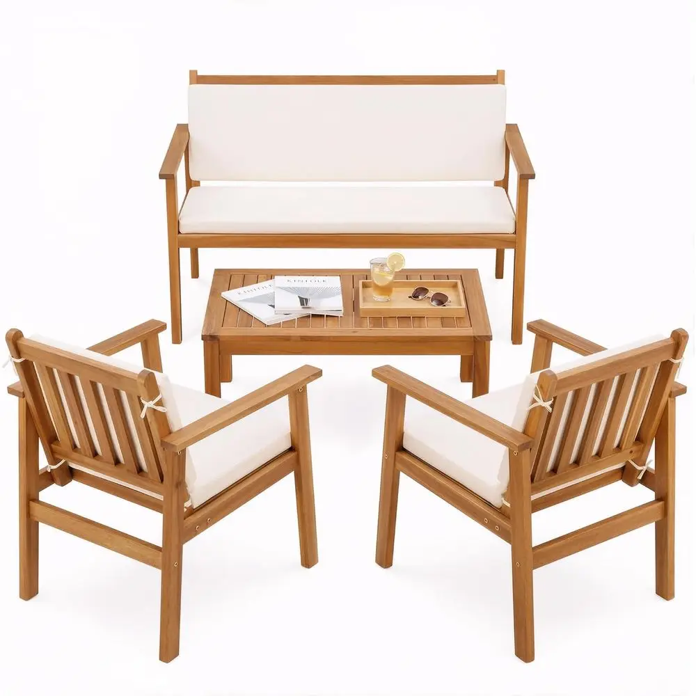 

4-Piece Acacia Wood Outdoor Bistro Set with White Cushions for Patio Conversations