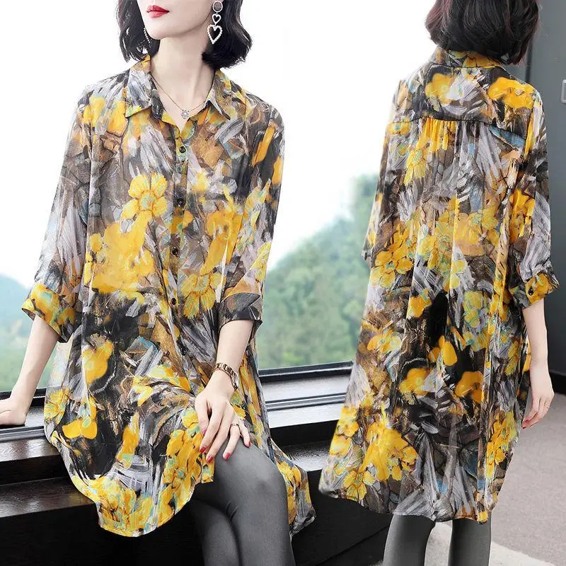 2023 New Women\'s Clothing Printing Long Sleeve Elegant Spring  Summer Floral Buttons Turn-down Collar Korean Fashion Blouses