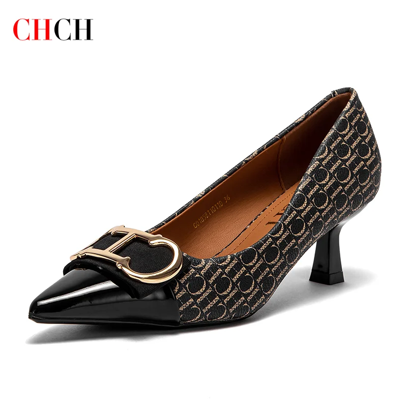 CHCH Women's Pumps Simple Retro Letter Printed Women's Shoes for Business Commute