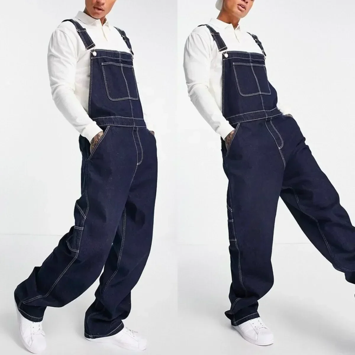 Men Jeans Distressed Denim Overalls Straight Pants Spliced Pockets High Street Loose Cargo Washing Ankle Length Solid Casual