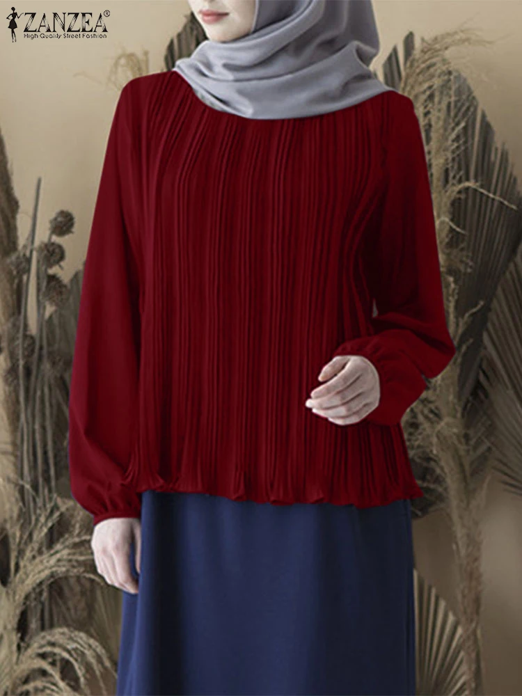 ZANZEA femmes à manches longues solide plissé Blouse chemise musulmane turquie hauts travail décontracté Blusas Femme vêtements islamiques Eid Mubarak
