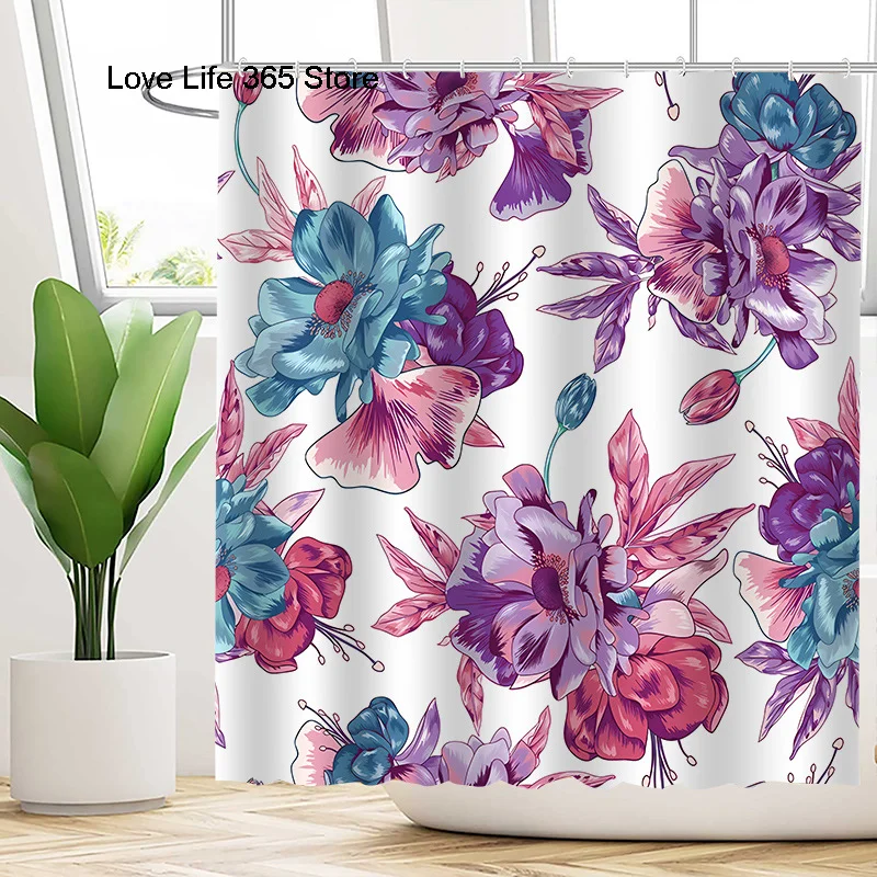 Purple Flowers Pattern Shower Curtains Hand-painted Plant Polyester Bathroom Partition Curtain With Hooks Hanging Waterproof