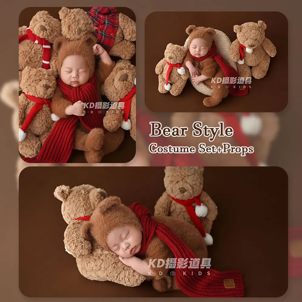 0-1 Month Newborn Photography Props Teddy Bear Style Knitted Outfit with Matching Hat and 6 Pcs Bear Dolls Footed Romper Overall