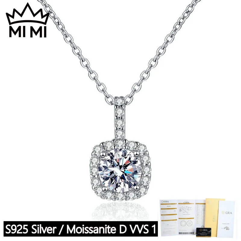 

MY MY 925 Sterling Silver GRA Certified 1CT D-Color Square Bezel Full-Pavé Moissanite Pendant Necklace with Gift Box