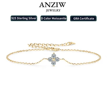 Anziw Lucky Four Leaf Clover Moissanite Bracelet for Women 925 Silver Certified D Color Simple Charm Jewelry 18k Gold Plated