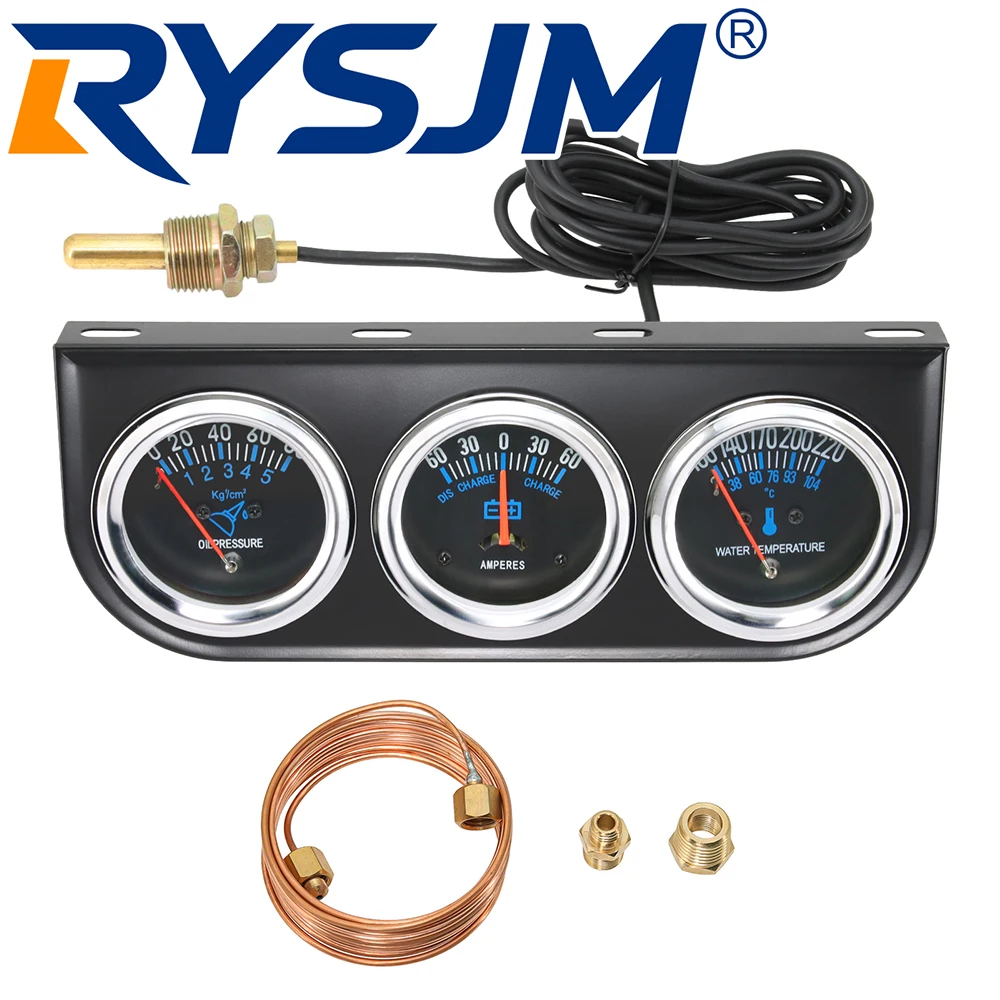 52MM Triple Meter Pointer Oil Pressure Gauge+Water Temperature Meter+Amperes Gauge for Petrol Engine Racing Car Meter 12V