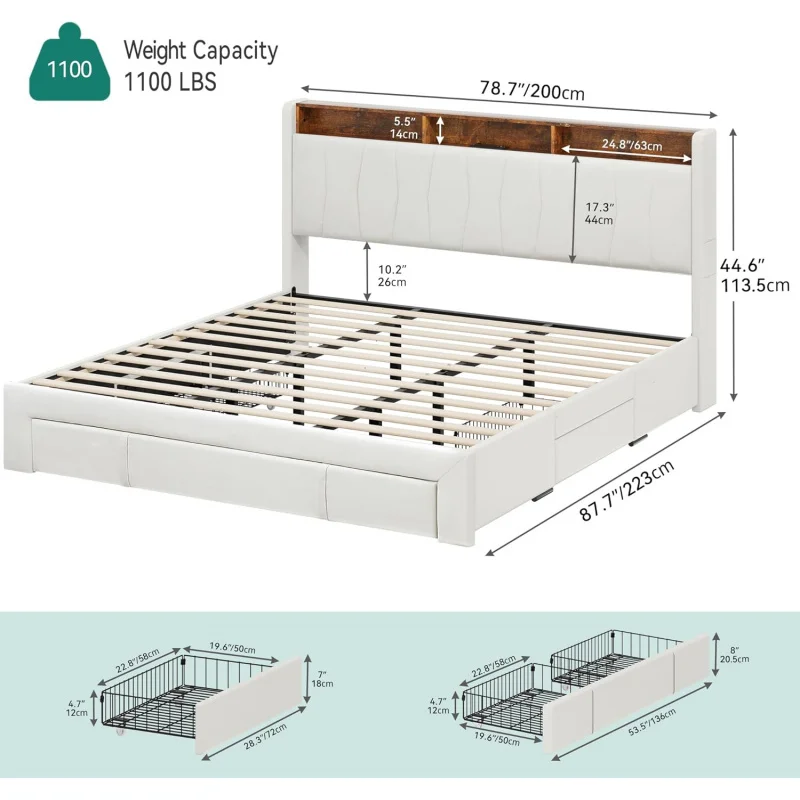 MDWVO King Size,Frame 4 Drawers & LED Light,Upholstered Platform Bed with Storage Bookcase Headboard and Charging Station