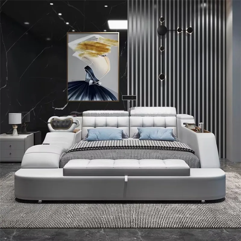 أثاث غرفة النوم جلد ديلوكس سرير كينج خشبي حديث متعدد الوظائف تخزين تدليك غطاء سرير راقي #3