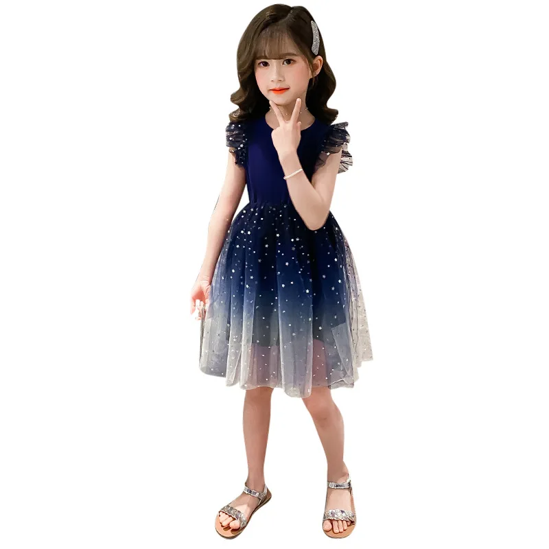 2024 Summer Teen Girl Princess Kids starry Dresses Sleeveless Vestidos Clothes mesh lace layers star costume 6 8 9 10 12 14 Year