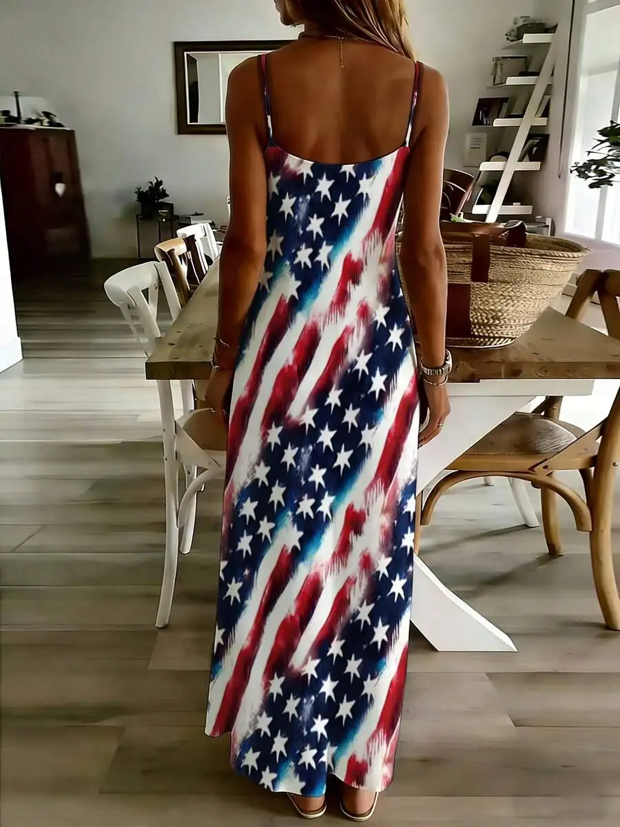

American Flag Print Sleeveless Maxi Dress Women Patriotic Summer Beach Vacation Party Casual Outfit