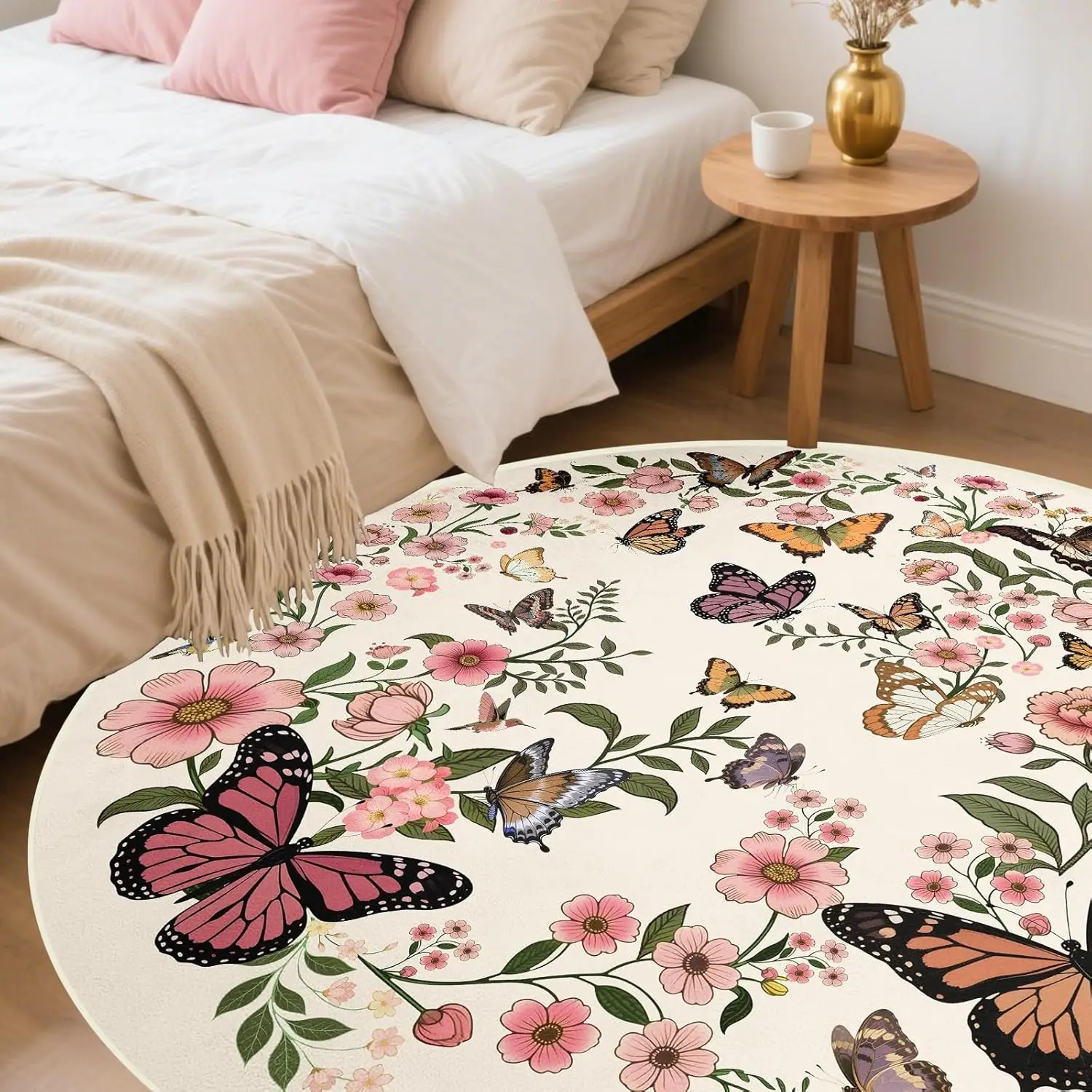 Floral Butterfly Round Rug – Soft Washable Accent Carpet for Bedroom & Living Room Decor