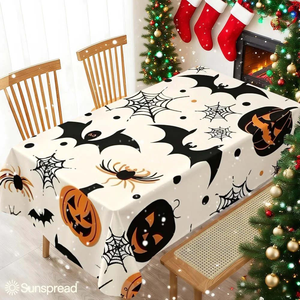 Beige Halloween Pumpkin Bat Sp Waterproof table cloth, splash-proof tablecloth, for party, Halloween, Christmas, dining, camping