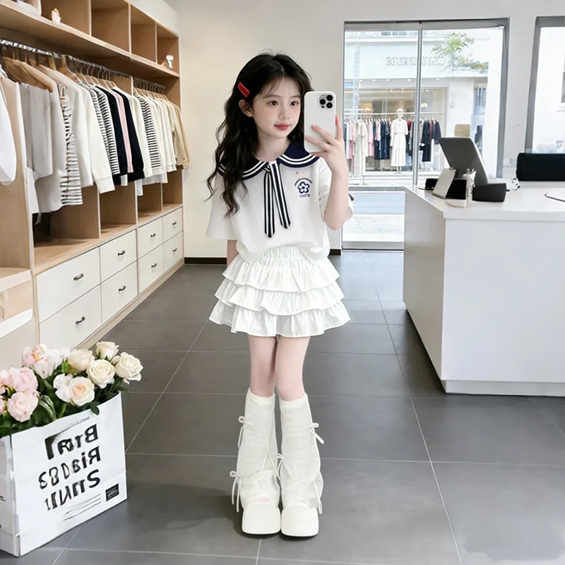 2026 Summer Girls Clothes Child Set Short Sleeve Bow Teen Strip Sailor Collar T Shirt Top + JK Pleated Tutu Skirt 4 8 10 12 Year