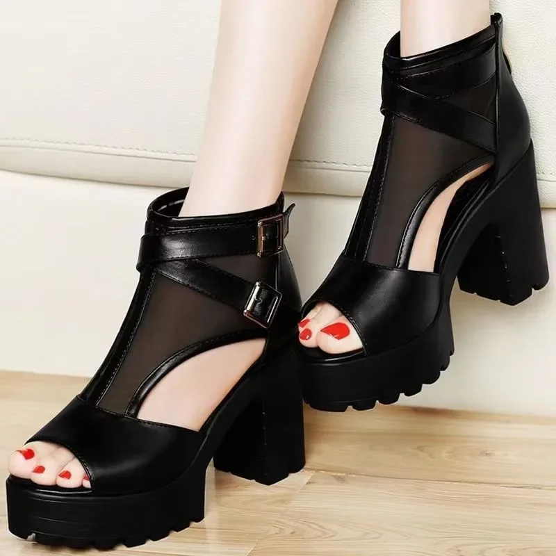 Summer 2024 New Women's Shoes Fashion Fish Mouth Mesh Breathable Thick Sole High Heel Sandals Shoes for Women Sandalias De Mujer