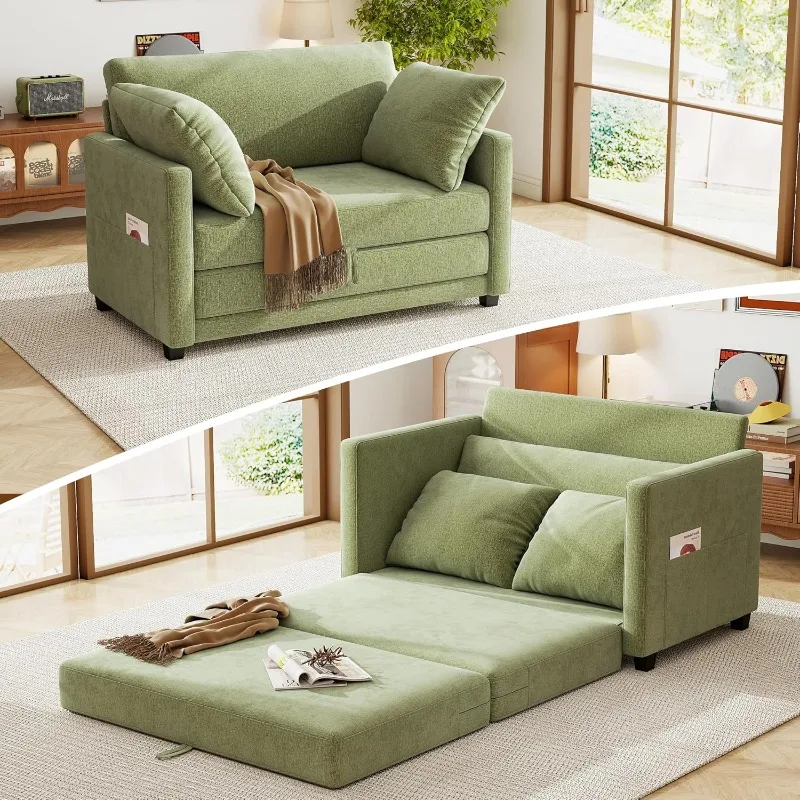 51인치 러브시트 소파베드, 작은 공간을 위한 셔닐 소재 접이식 바닥 소파베드, 깊은 좌석이 있는 접이식 카우치베드, 베개 2개 포함