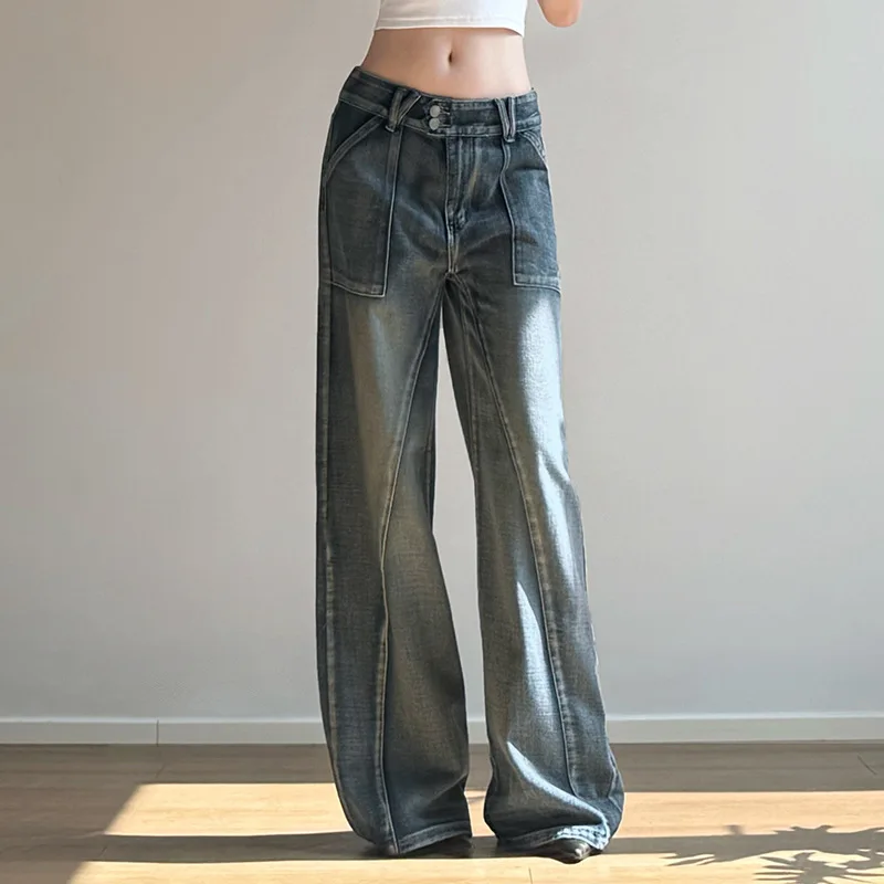 Vintage Streetwear Baggy Jeans Women Low Rise Loose Grunge 2000s Denim Trousers Y2k Aesthetic Fashion Blue Cargo Pants