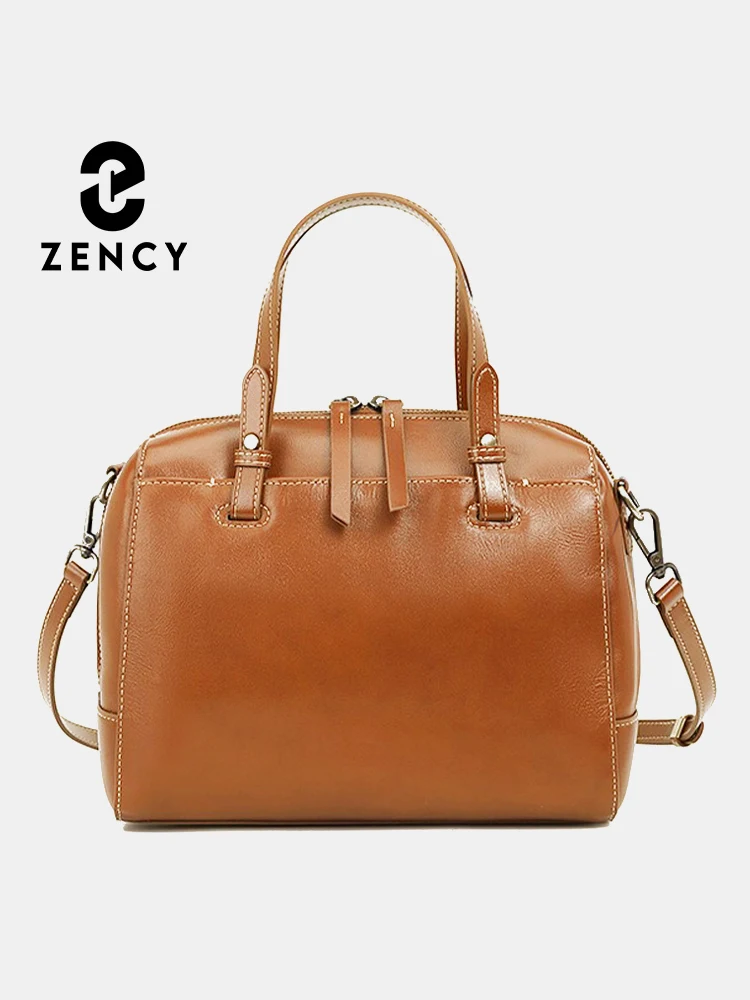 Zency Genuine Leather Vintage Designer Handbag For Women Large Capacity Shoulder Bag New Grey Green Boston Bag For Work