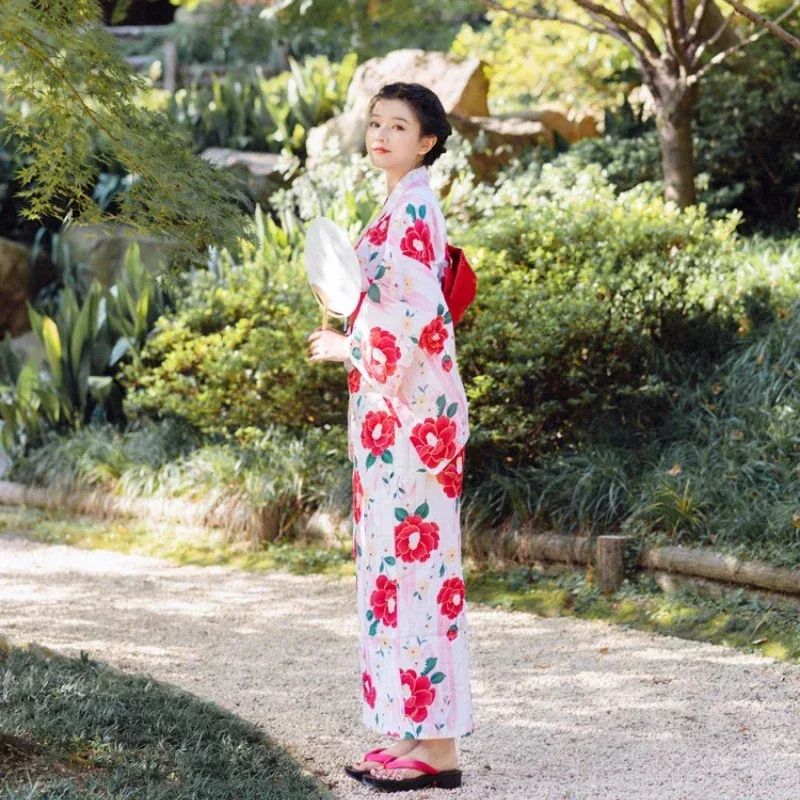 CyJapanese 스타일 정통 여성용 핑크 기모노 하오리 꽃 프린트 긴 소매 유카타 파티 코스프레 드레스 복장 게이샤 의상
