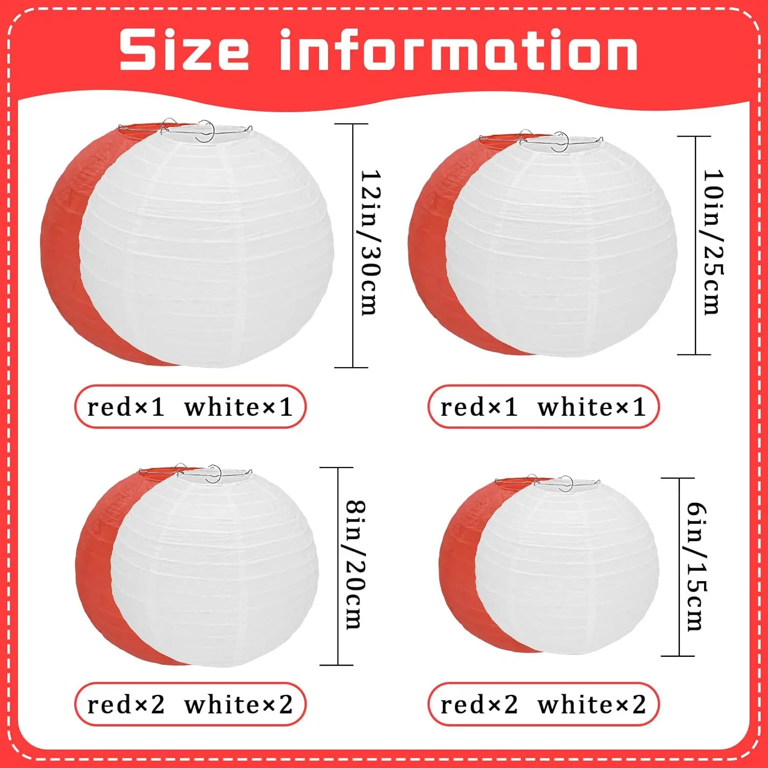 12Pcs Round Paper Lanterns Red and White (6