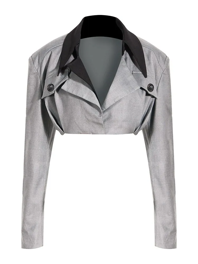 KBQ Asymmetrical Detachable Hem Blazers For Women Notched Collar Long Sleeve Spliced Zipper Casual Folds Blazer Female Clothing