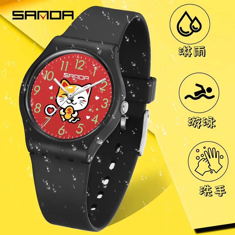 SANDA-Relógio Quartz Estudantil com Pulseira De Silicone, Relógio De Pulso Criativo, Desenhos Animados Bonitos, Gato Riqueza, Presente para Meninos e Meninas, 6139