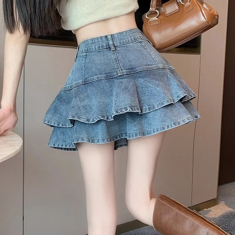Ruffles Pleated Skirt For Women 2025 Summer New Korean Style High Waist A-Line Short Skirt Fashion Blue Denim Skirt