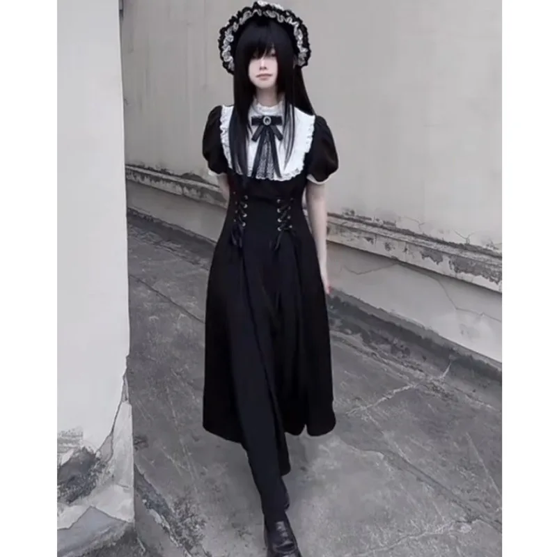 Bow Y2K Lace Dresses From Bach Old Testament Elegant Summer Japan Gothic Dark Heiress With Waist Cinching Slimming Dresses New