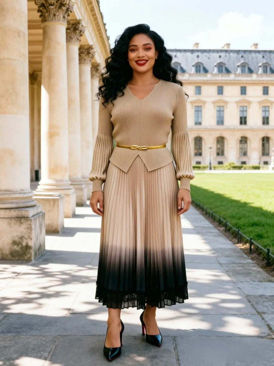 Miyake Crumpled Loose Dress Fashion Gradual Change Color Temperament Elegant Women Pleated Dress