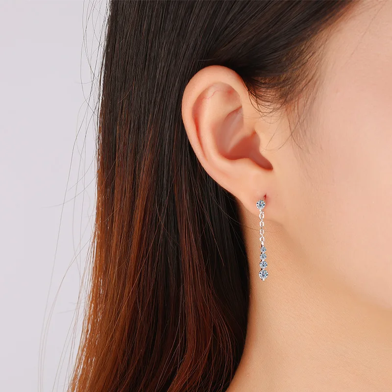 S925 Sterling Silver Hip Hop Moissanite Bling Ice Out Long Tassel Stud Earrings for Men Rapper Jewelry Rose Gold Silver Color