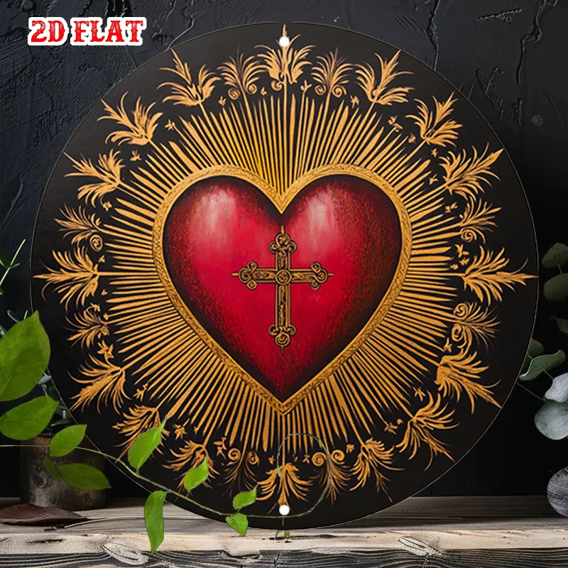 One antique St. Heart medal with radiating light - 2D flat circular wall art, featuring gold and red design