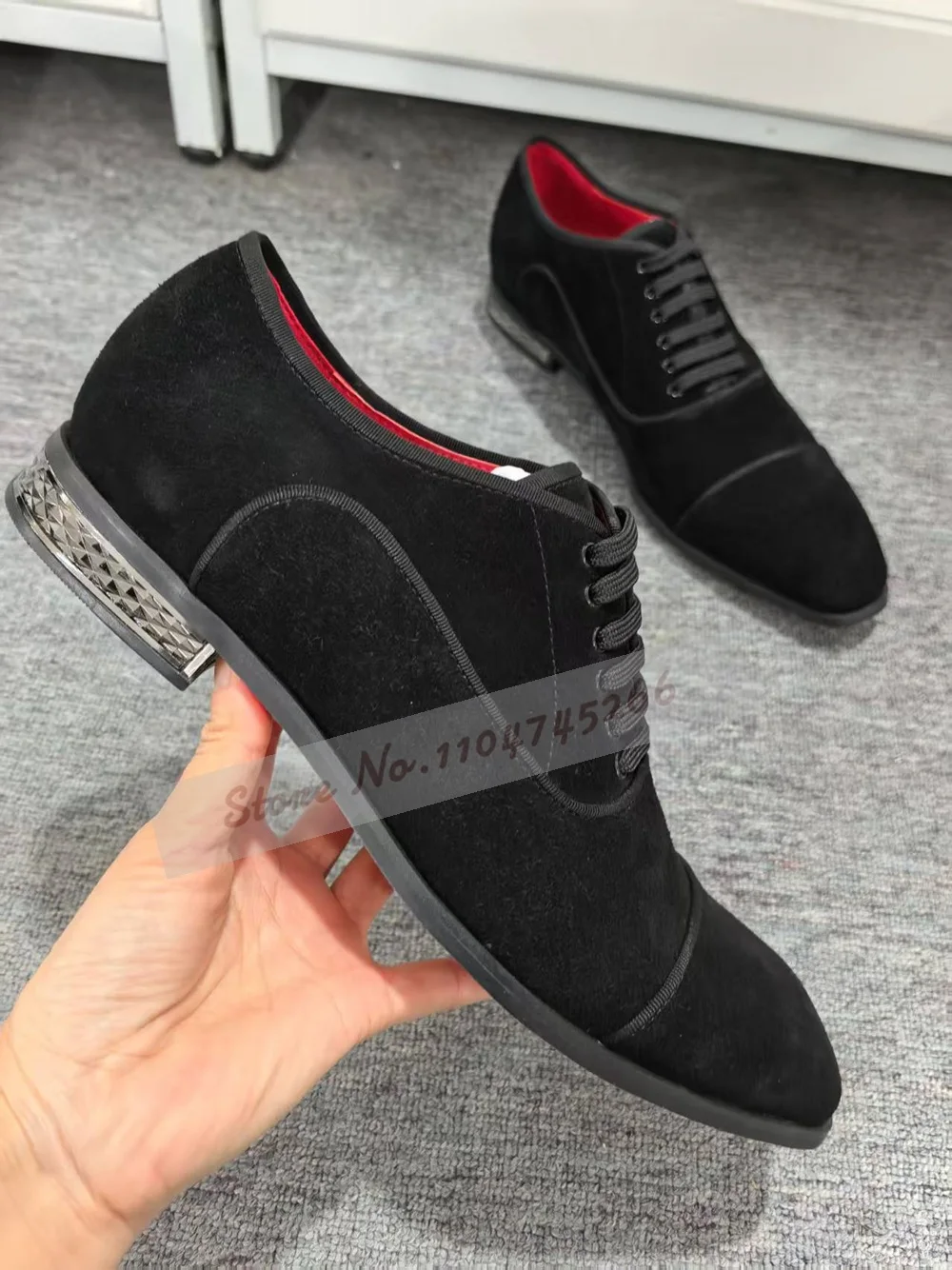 

Men's Black Suede Luxury Formal Dress Shoes Red Sewed Inside Lace-Up Wedding Shoes Office Suits Footwear Size48