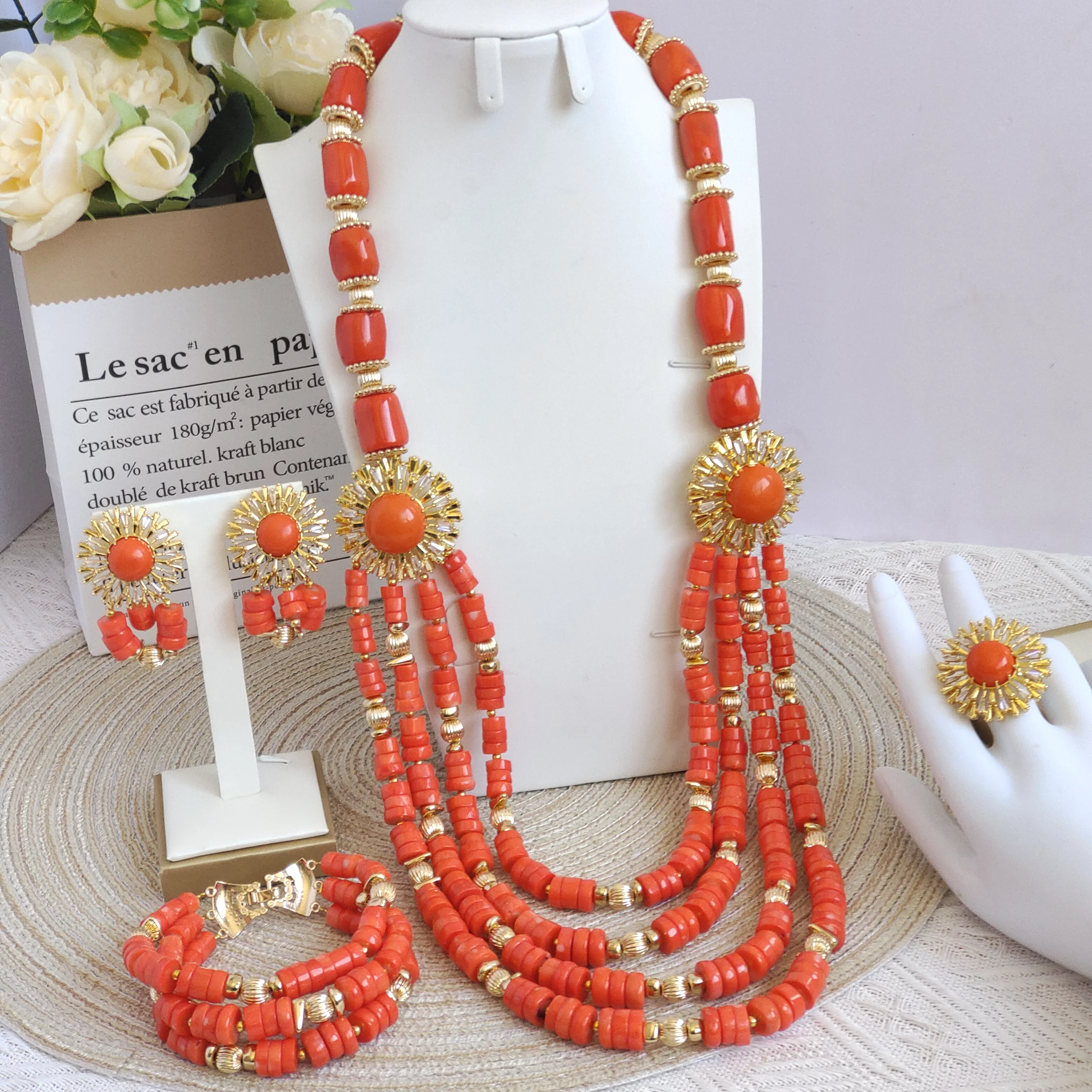 Laanc 28inches real orange coral necklace, bracelet earrings ring nigerian jewelry set for woman luxury
