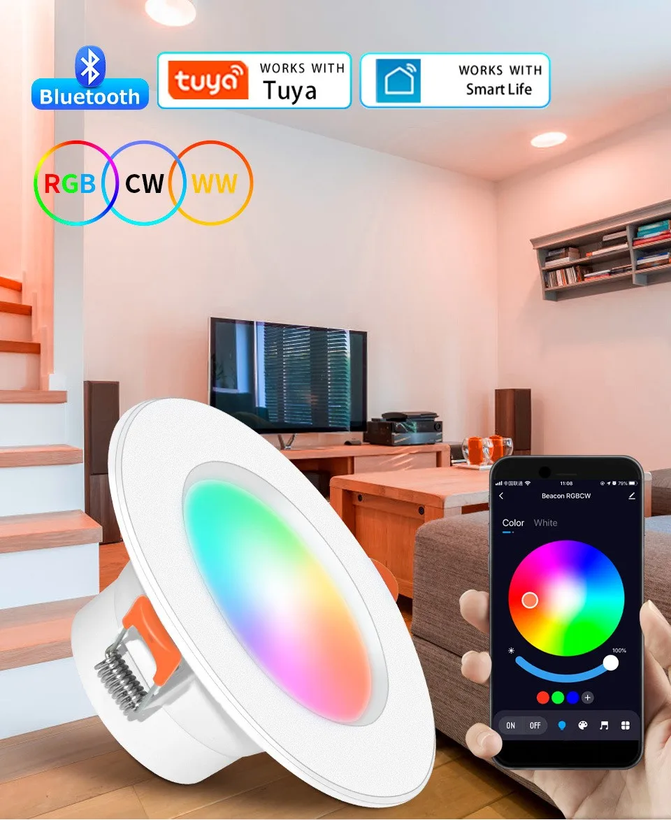 2 Pack Tuya Downlight Bluetooth LED Smart Ceiling Light Motion Senso 10W -15W Dimmable RGB Lamp APP Remote Control Smart Life