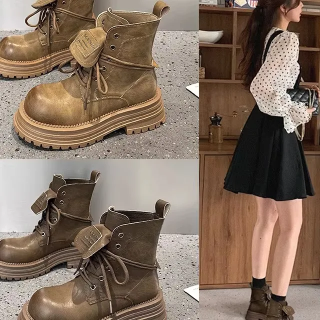 

Vintage British Style Boots Women's Short Boots Desert Western Thickened Rubber Outsole Leather Shoes for Winter