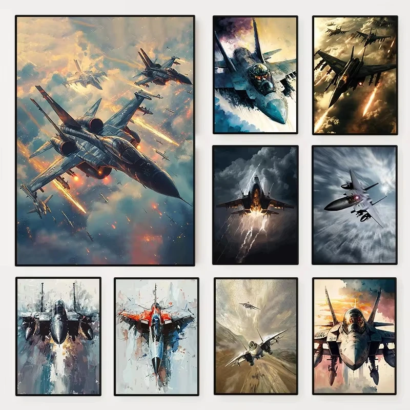 Aircraft Fighter Jet Aerial Combat poster vintage Airplane Takeoff canvas painting Wall Art Pictures for Living Room Home Decor